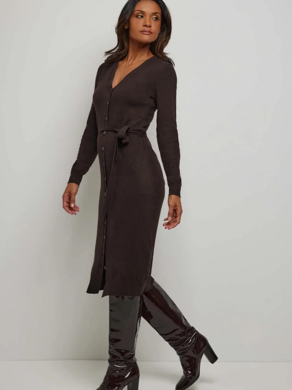 NWT ☕️ Anatomie Cashmere Wool Brown Button-Front V-Neck Belted Sweater Dress